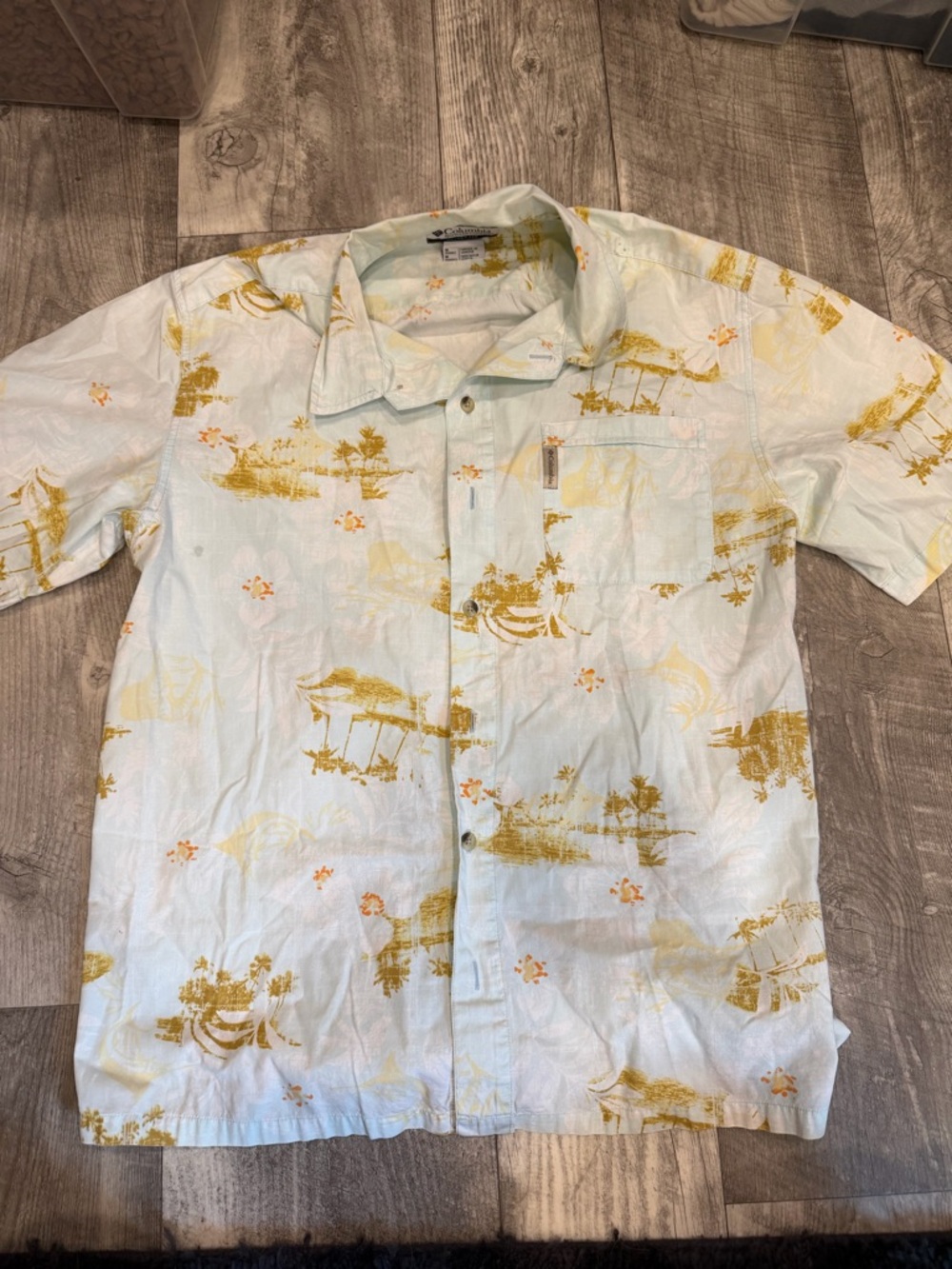Columbia Light Blue Short-Sleeve Tropical Print Button-Down Shirt